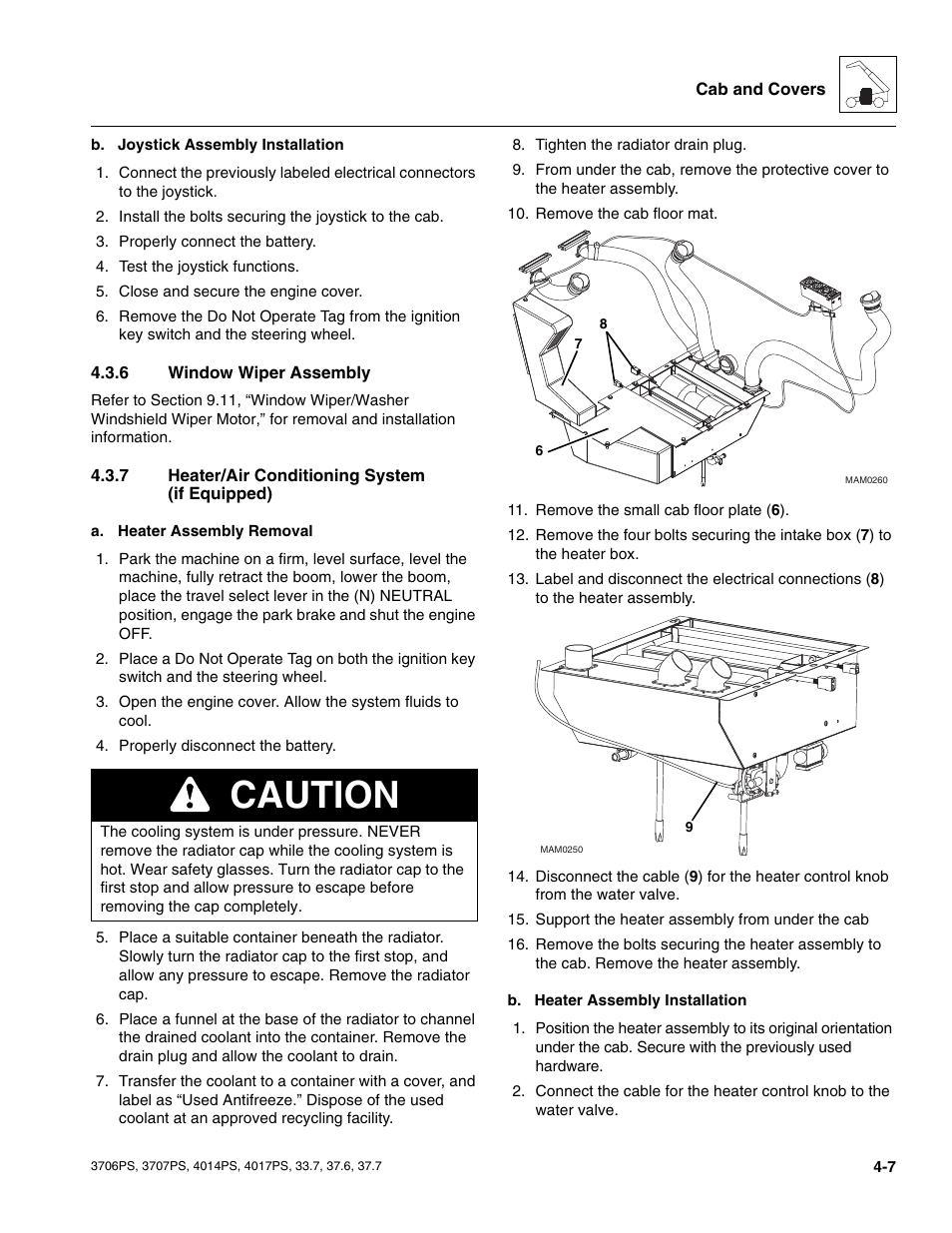 6 window wiper assembly, 7 heater/air conditioning system (if equipped), Window wiper assembly | Heater/air conditioning system (if equipped), Caution | JLG 4017PS Service Manual User Manual | Page 91 / 264