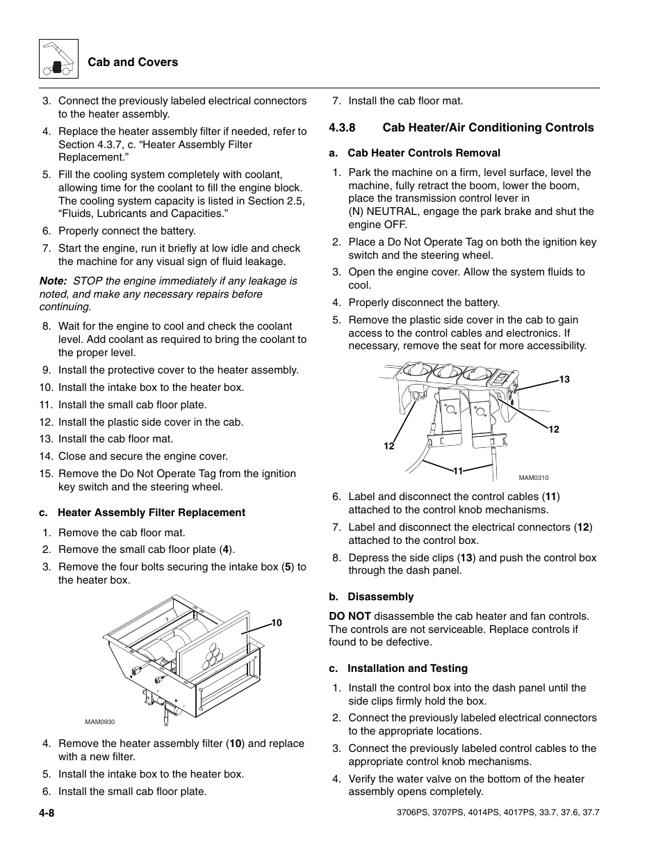 8 cab heater/air conditioning controls, Cab heater/air conditioning controls | JLG 4017PS Service Manual User Manual | Page 92 / 264