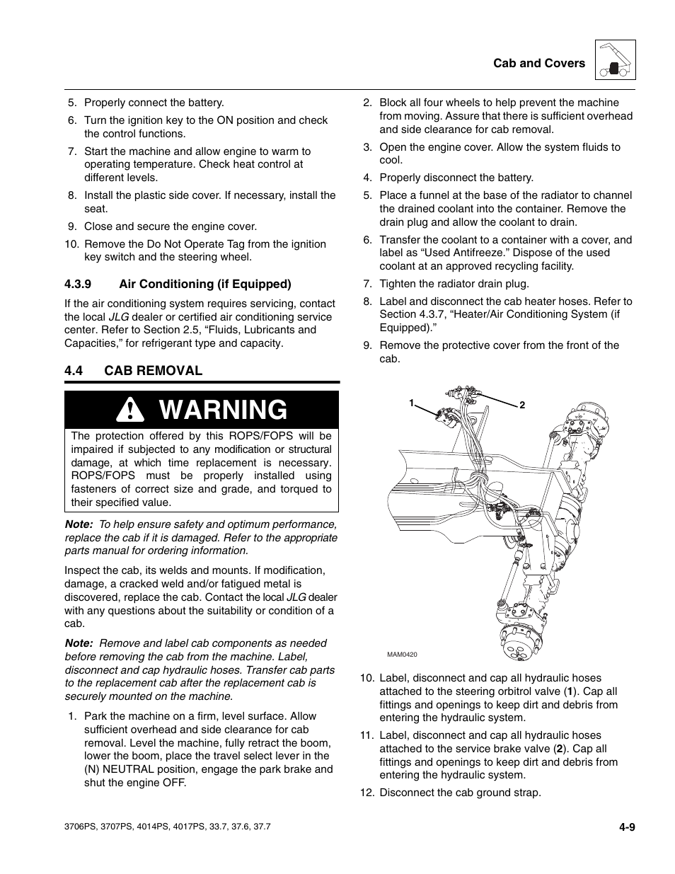 9 air conditioning (if equipped), 4 cab removal, Cab removal | Air conditioning (if equipped), Warning | JLG 4017PS Service Manual User Manual | Page 93 / 264