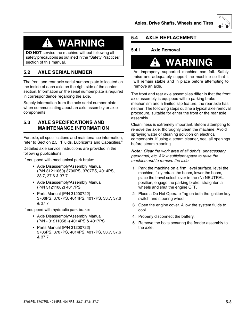 2 axle serial number, 3 axle specifications and maintenance information, 4 axle replacement | 1 axle removal, Axle serial number, Axle specifications and maintenance information, Axle replacement, Axle removal, Warning | JLG 4017PS Service Manual User Manual | Page 99 / 264