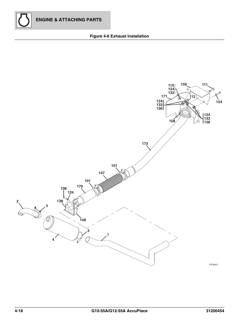 Figure 4-6 exhaust installation, Exhaust installation -18, Figure 4-6 | JLG G12-55A AccuPlace Parts Manual User Manual | Page 114 / 336