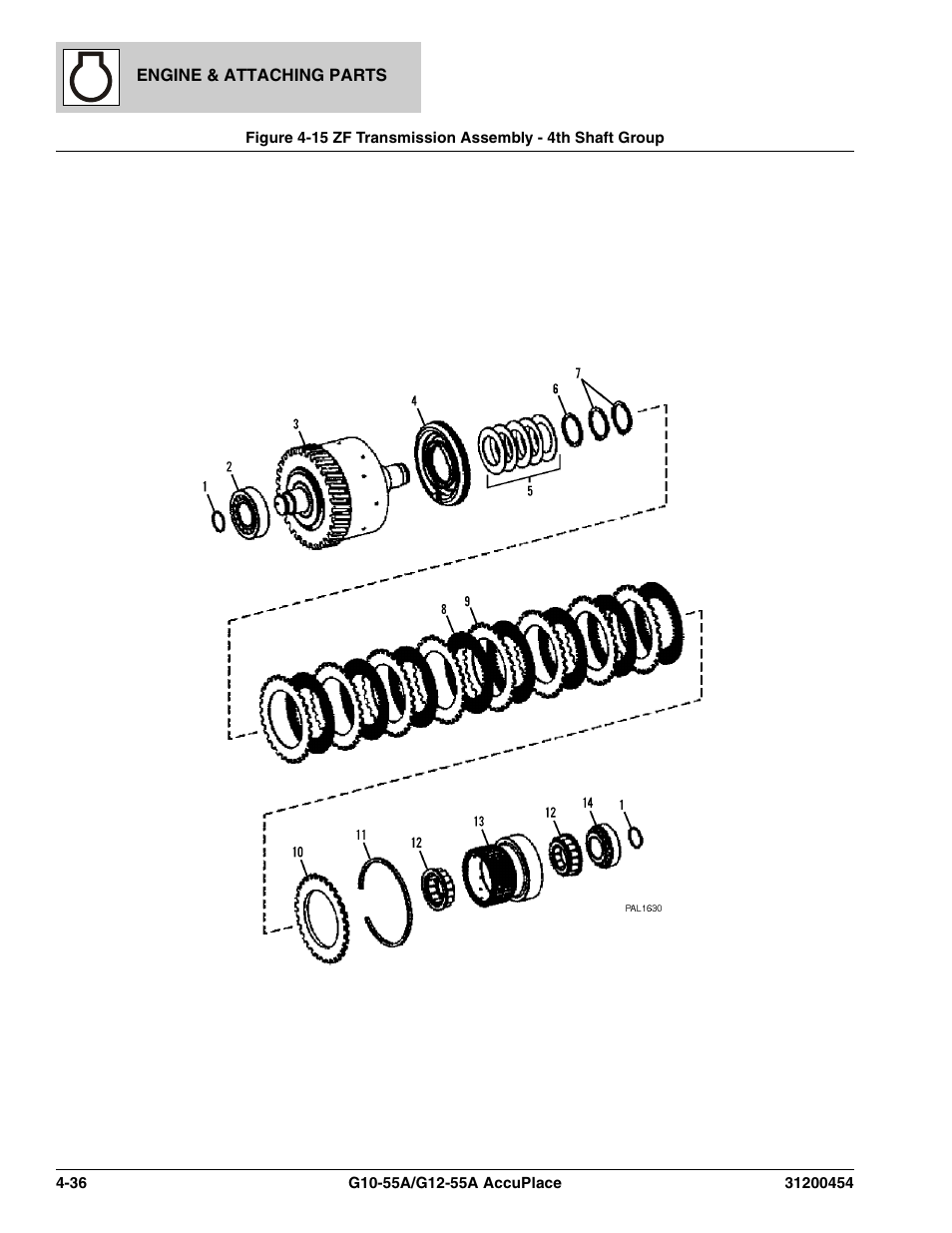 Zf transmission assembly - 4th shaft group -36, P, (see figure 4-15 for details) | JLG G12-55A AccuPlace Parts Manual User Manual | Page 132 / 336