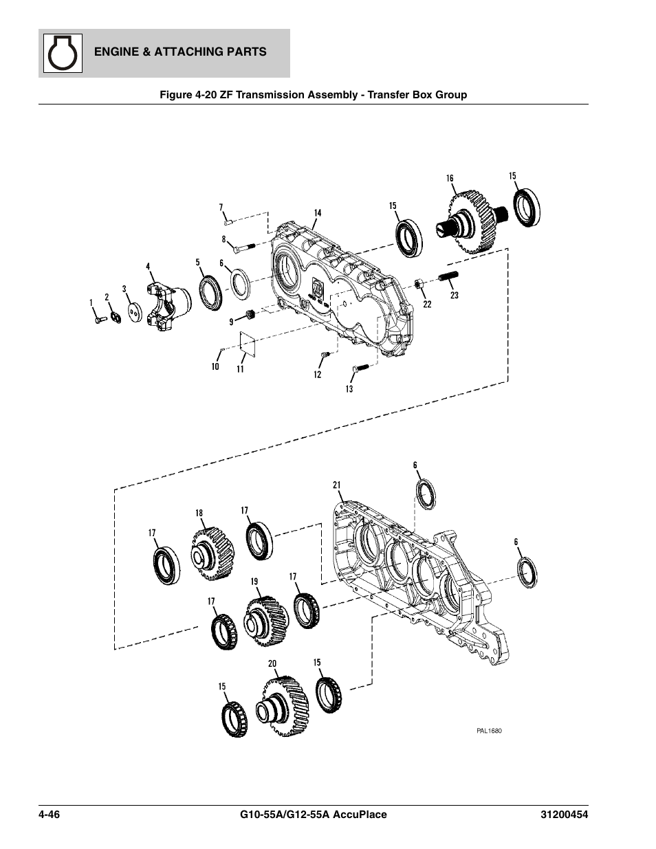 Zf transmission assembly - transfer box group -46, X, (see figure 4-20 for details) | JLG G12-55A AccuPlace Parts Manual User Manual | Page 142 / 336