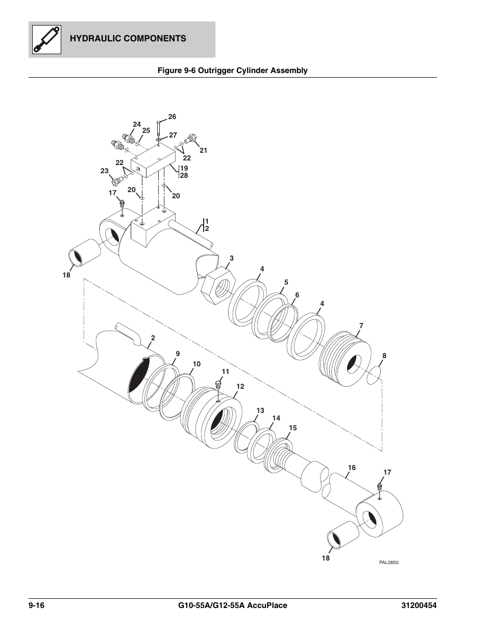 Figure 9-6 outrigger cylinder assembly, Outrigger cylinder assembly -16 | JLG G12-55A AccuPlace Parts Manual User Manual | Page 250 / 336