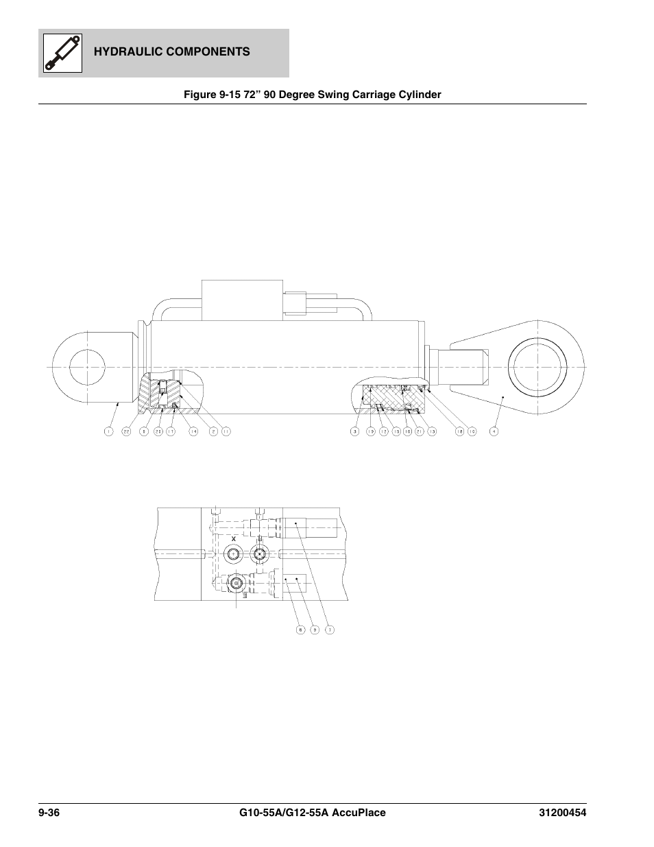 Figure 9-15 72” 90 degree swing carriage cylinder, 72” 90 degree swing carriage cylinder -36 | JLG G12-55A AccuPlace Parts Manual User Manual | Page 270 / 336