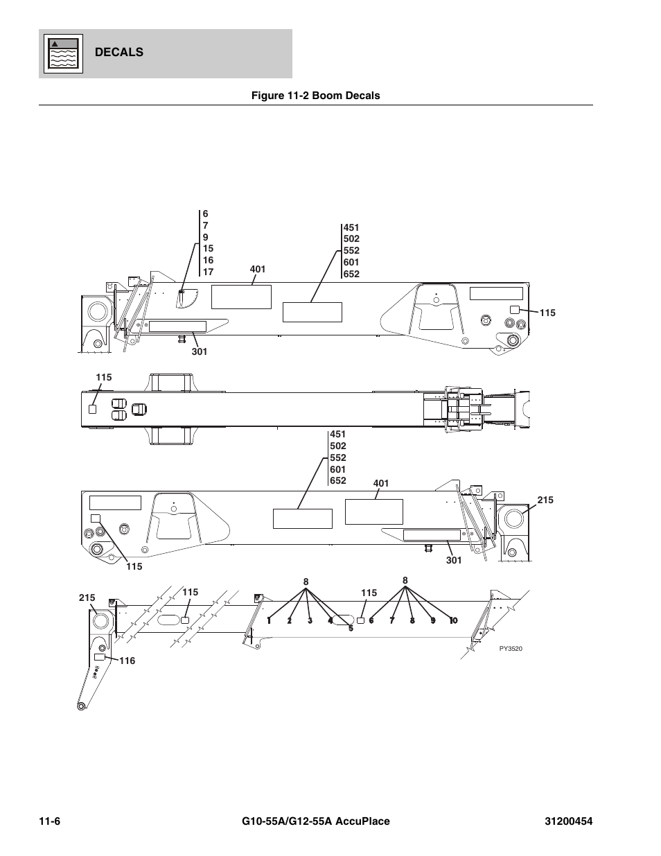 Figure 11-2 boom decals, Boom decals -6, N), (see figure 11-2 for details) | See figure 11-2 for details) | JLG G12-55A AccuPlace Parts Manual User Manual | Page 320 / 336