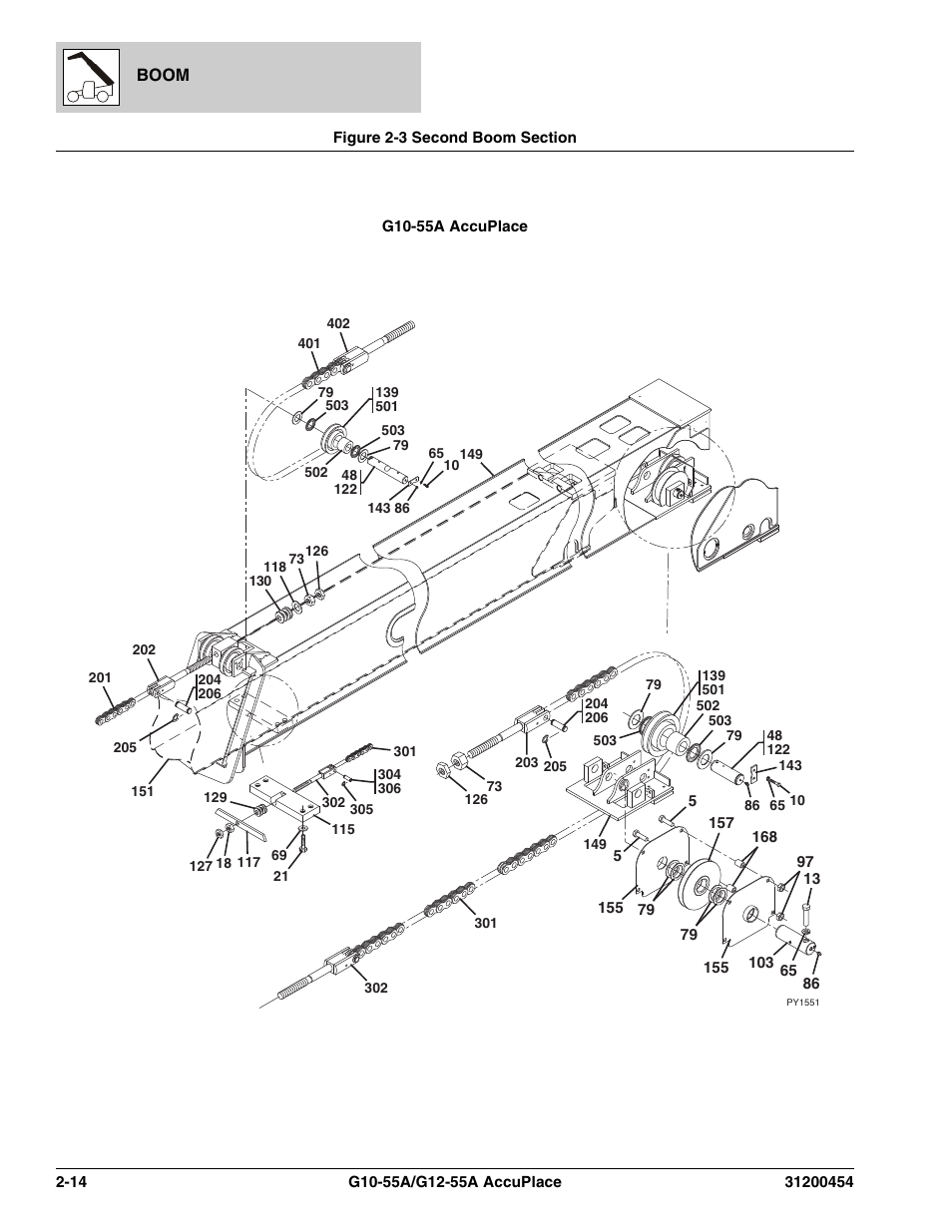Figure 2-3 second boom section, Second boom section -14, Boom | Section, (see figure 2-3 for details), Figure 2-3, ite, Figure 2-3, item | JLG G12-55A AccuPlace Parts Manual User Manual | Page 34 / 336