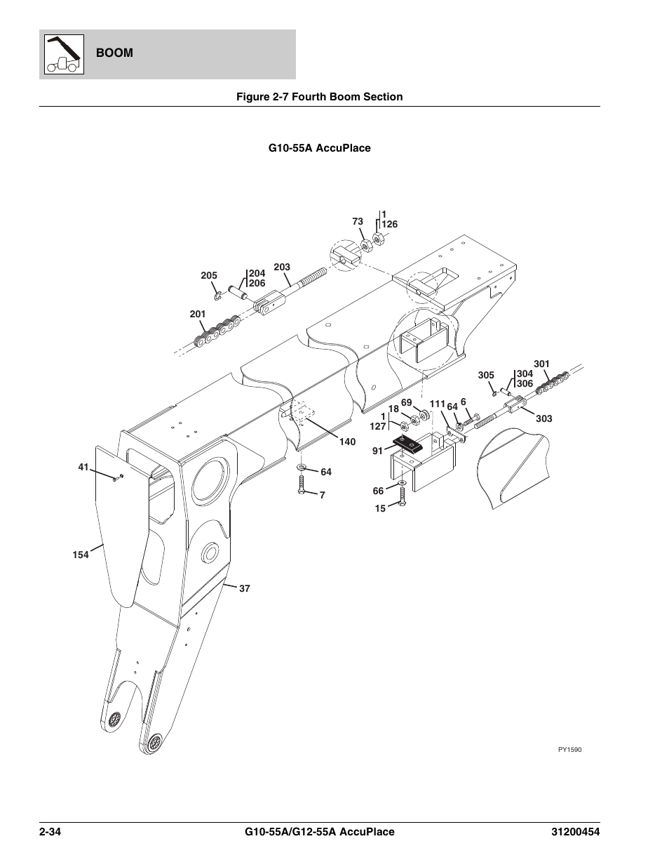 Figure 2-7 fourth boom section, Fourth boom section -34, 866, (see figure | 6, (see figure, Ion, (see figure 2-7 for details), See figure 2-7, item 201 f, See figure 2-7, item 303 f, 6, (see figure 2-7, item 301 f | JLG G12-55A AccuPlace Parts Manual User Manual | Page 54 / 336