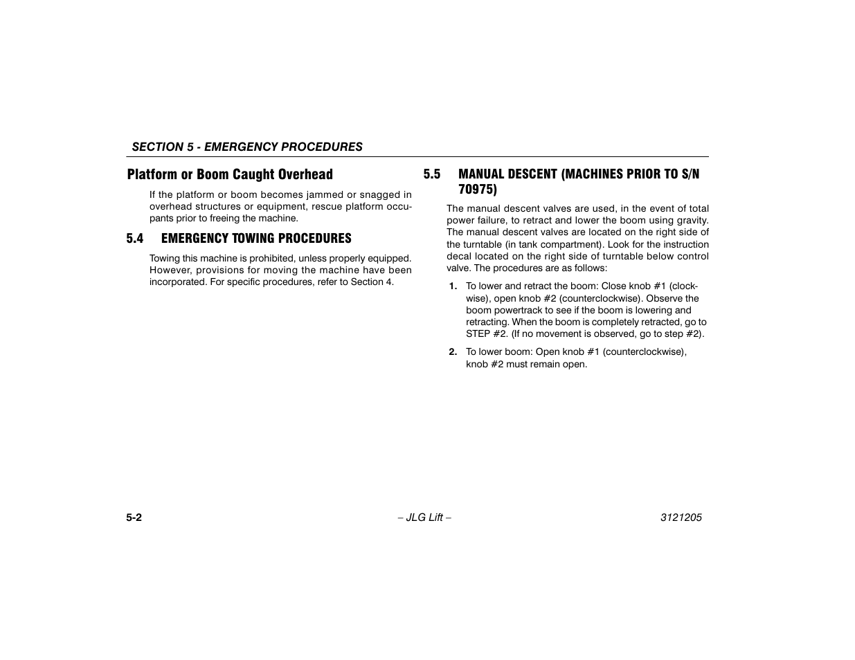 Platform or boom caught overhead, 4 emergency towing procedures, 5 manual descent (machines prior to s/n 70975) | Platform or boom caught overhead -2, Emergency towing procedures -2, Manual descent (machines prior to s/n | JLG 660SJ Operator Manual User Manual | Page 104 / 150