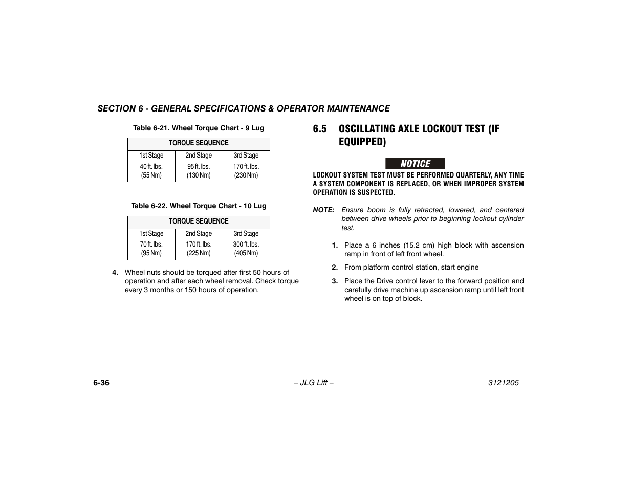 5 oscillating axle lockout test (if equipped), Oscillating axle lockout test, If equipped) -36 | Wheel torque chart - 10 lug -36, Wheel torque chart - 9 lug -36 | JLG 660SJ Operator Manual User Manual | Page 140 / 150