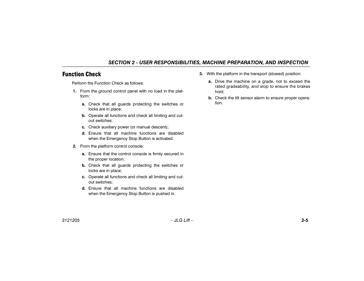 Function check, Function check -5 | JLG 660SJ Operator Manual User Manual | Page 27 / 150