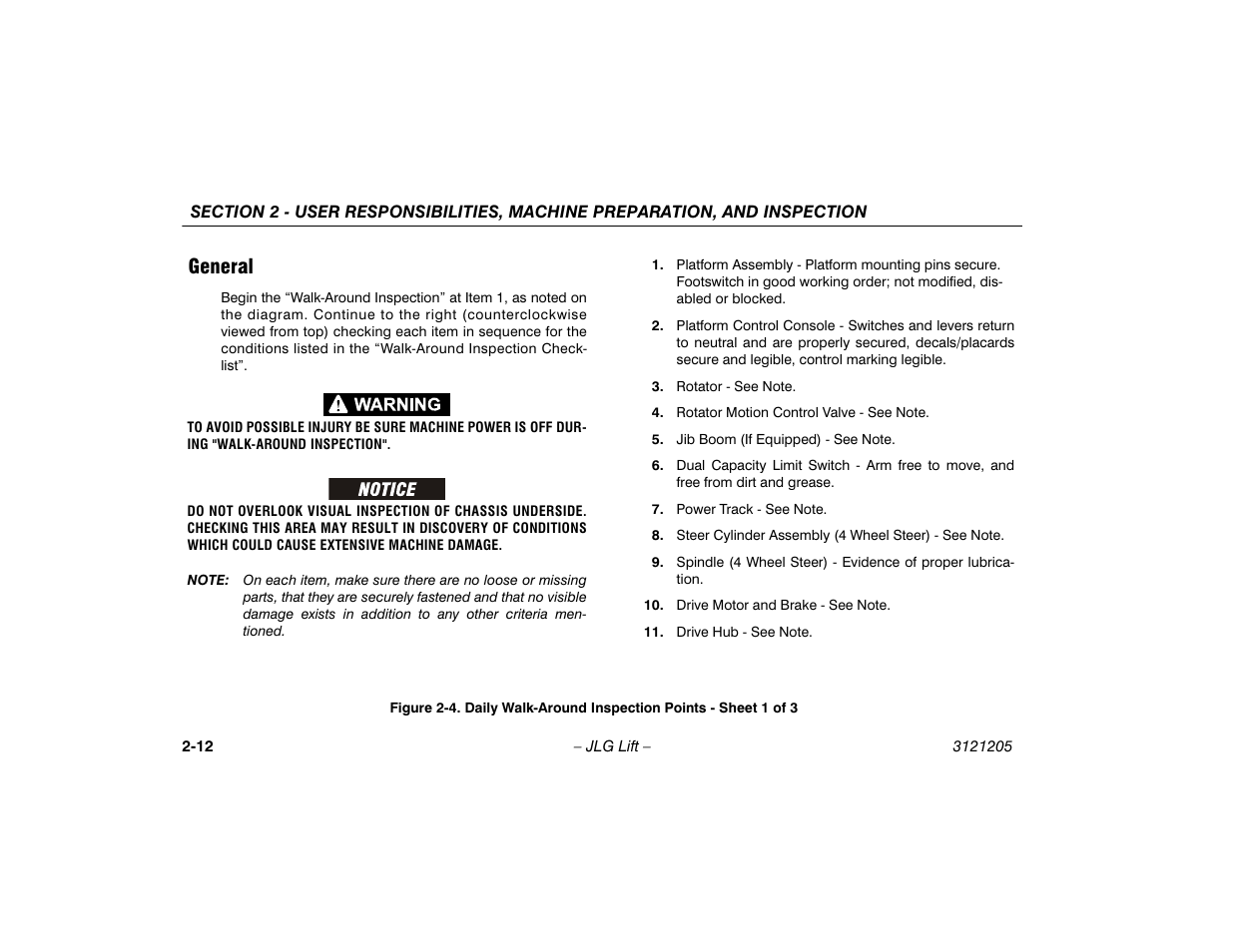 General -11, Daily walk-around inspection points, Sheet 1 of 3 -11 | General | JLG 660SJ Operator Manual User Manual | Page 34 / 150