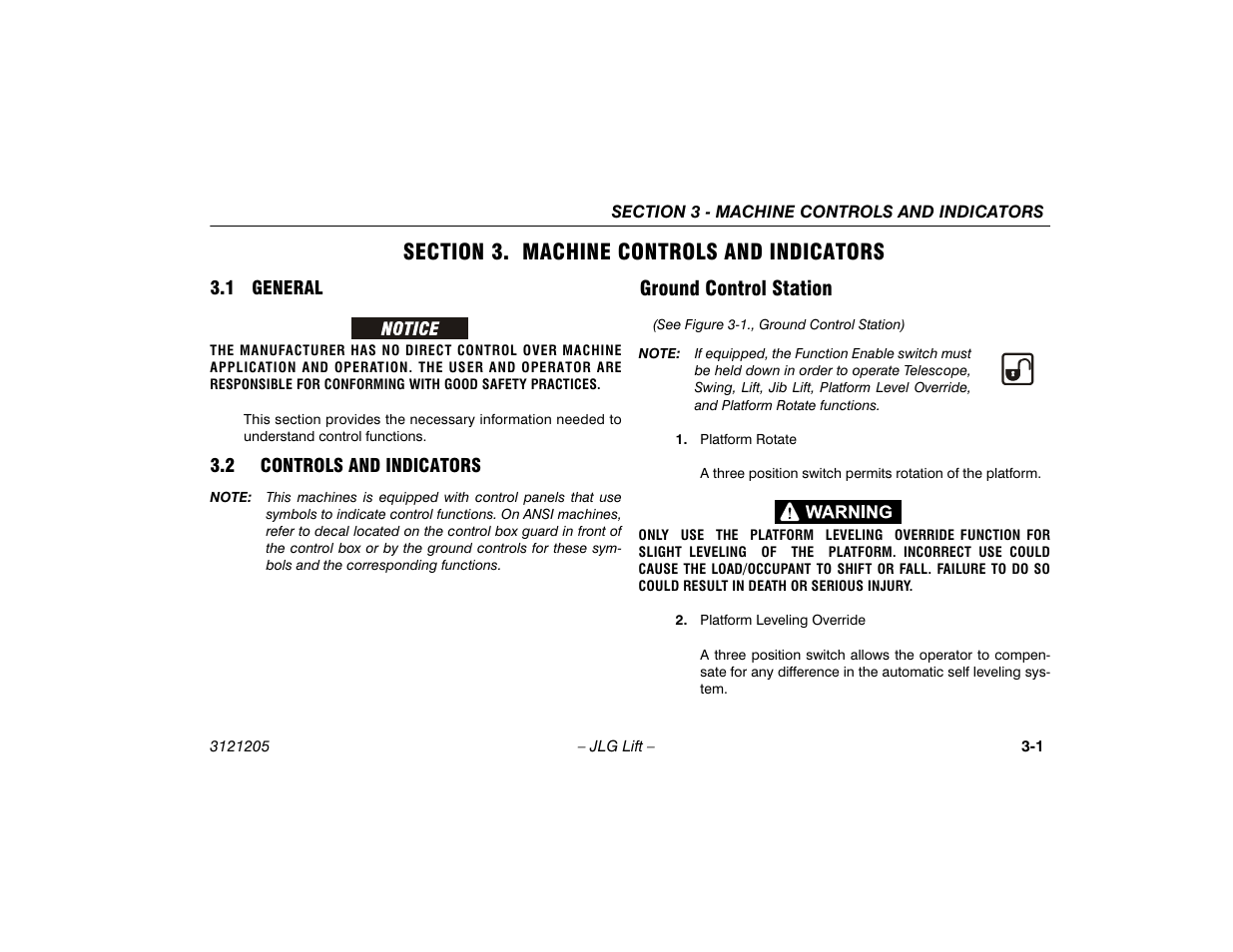 Section 3. machine controls and indicators, 1 general, 2 controls and indicators | Ground control station, Section - 3 - machine controls and indicators, General -1, Controls and indicators -1, Ground control station -1 | JLG 660SJ Operator Manual User Manual | Page 37 / 150
