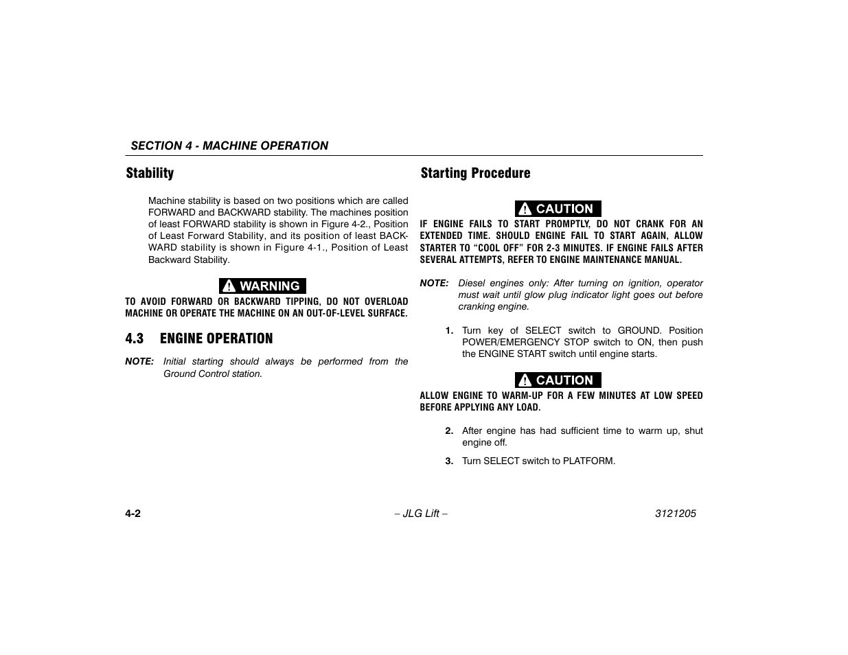 Stability, 3 engine operation, Starting procedure | Stability -2, Engine operation -2, Starting procedure -2 | JLG 660SJ Operator Manual User Manual | Page 60 / 150