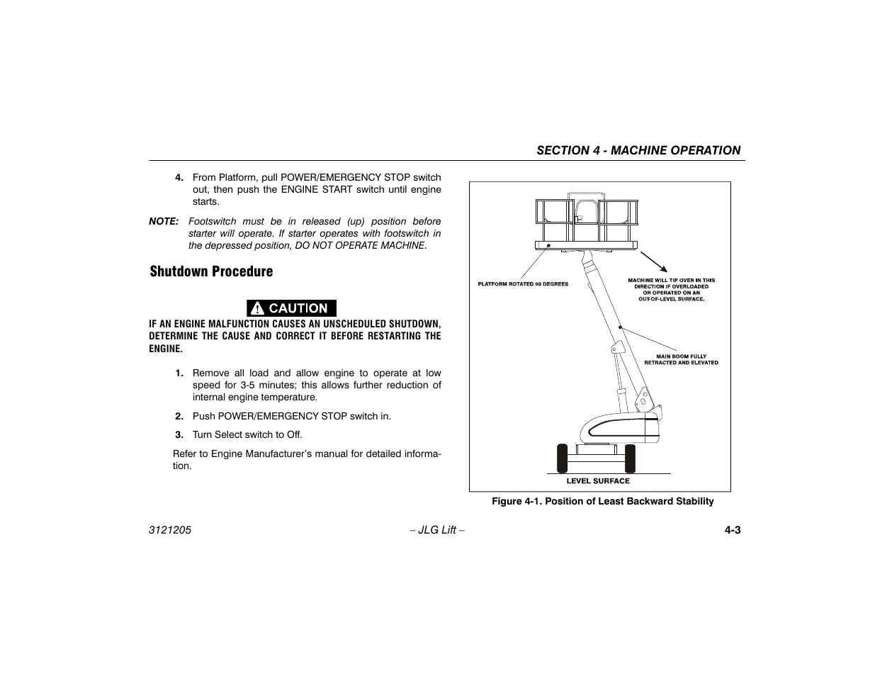 Shutdown procedure, Shutdown procedure -3, Position of least backward stability -3 | JLG 660SJ Operator Manual User Manual | Page 61 / 150
