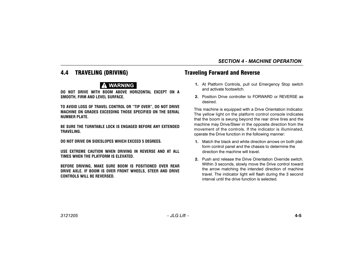 4 traveling (driving), Traveling forward and reverse, Traveling (driving) -5 | Traveling forward and reverse -5 | JLG 660SJ Operator Manual User Manual | Page 63 / 150
