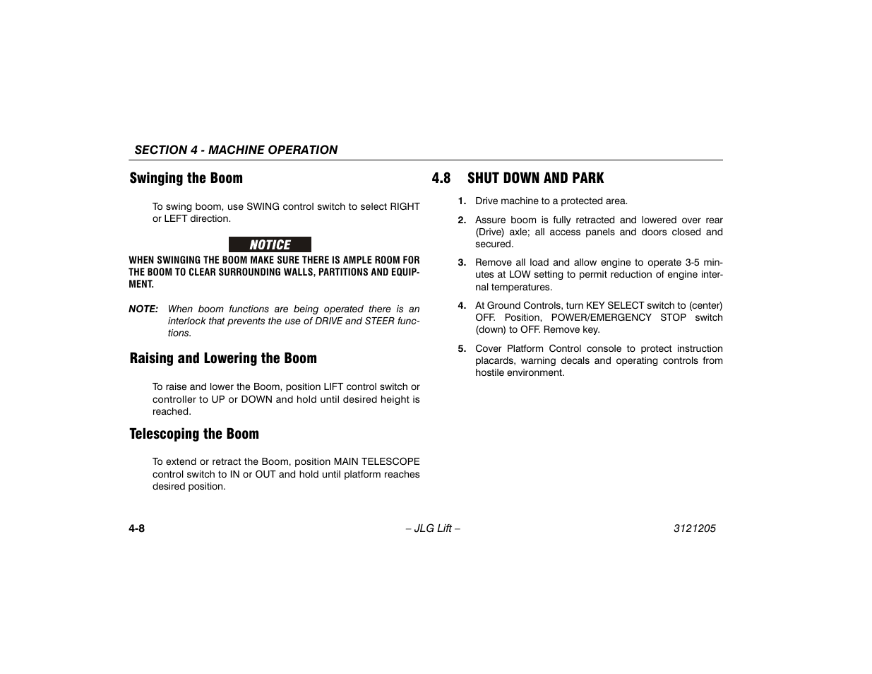 Swinging the boom, Raising and lowering the boom, Telescoping the boom | 8 shut down and park, Shut down and park -8 | JLG 660SJ Operator Manual User Manual | Page 66 / 150