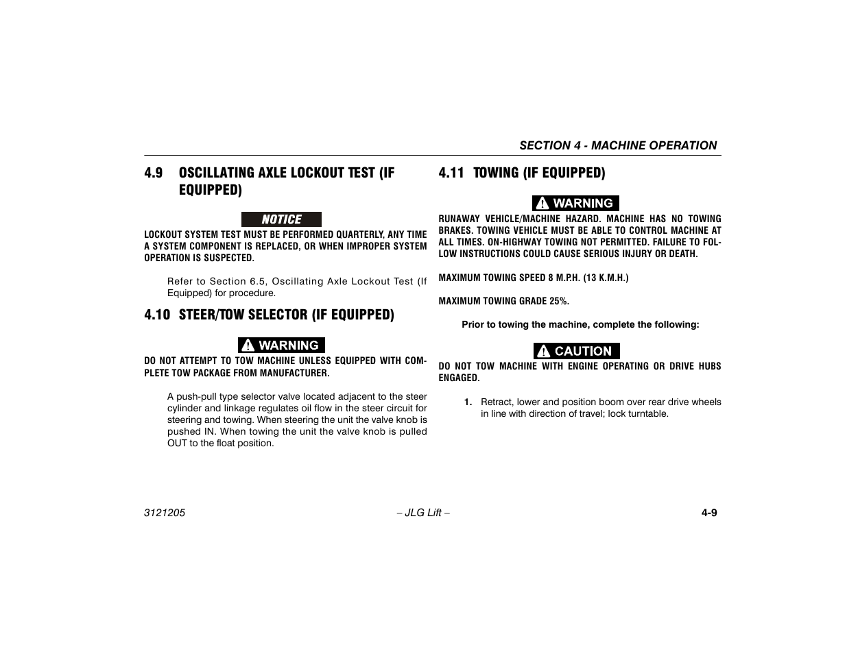 9 oscillating axle lockout test (if equipped), 10 steer/tow selector (if equipped), 11 towing (if equipped) | Oscillating axle lockout test, If equipped) -9 | JLG 660SJ Operator Manual User Manual | Page 67 / 150