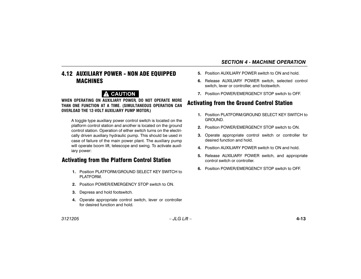 12 auxiliary power - non ade equipped machines, Activating from the platform control station, Activating from the ground control station | 12 auxiliary power - non ade equipped ma, Chines -13 | JLG 660SJ Operator Manual User Manual | Page 71 / 150