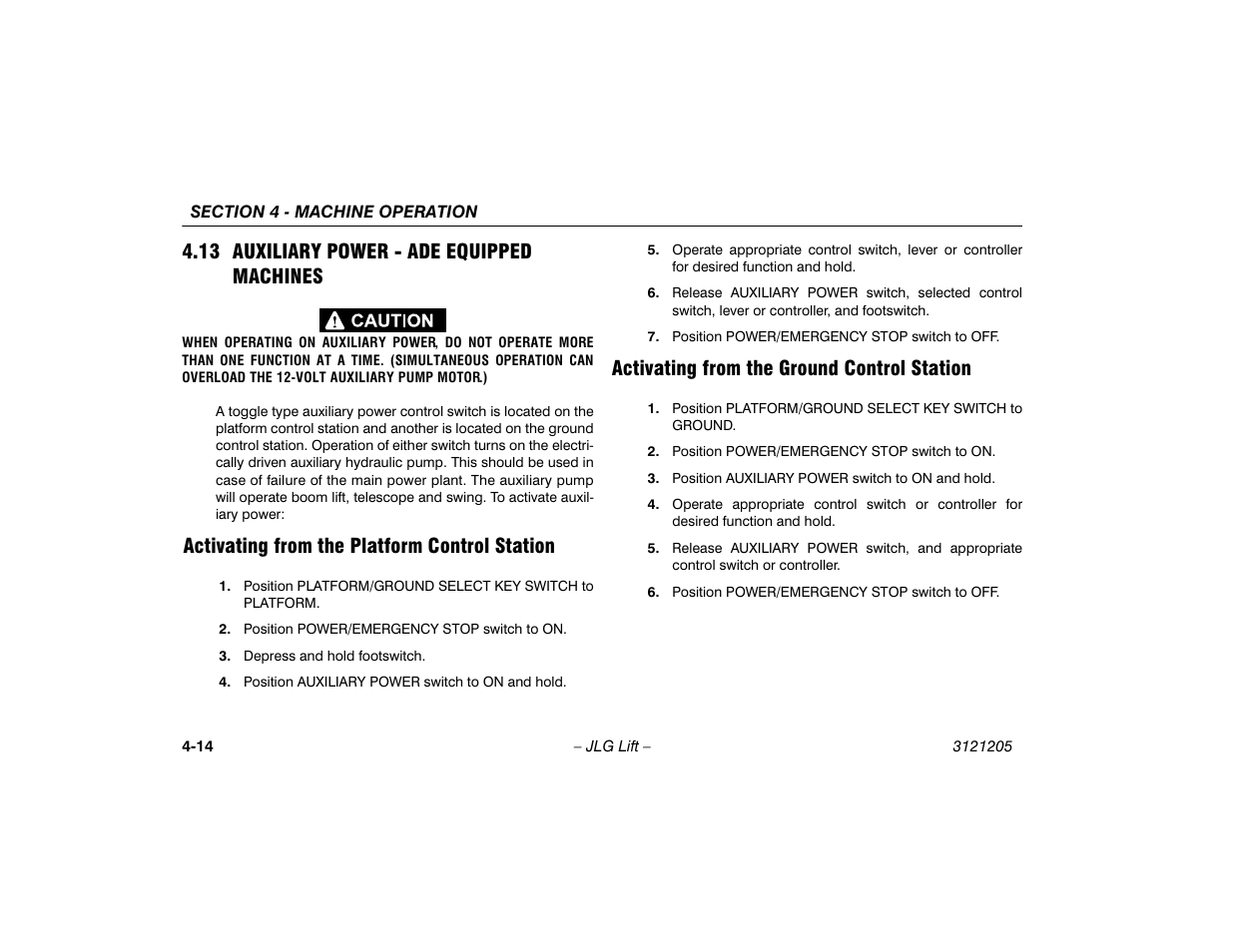 13 auxiliary power - ade equipped machines, Activating from the platform control station, Activating from the ground control station | 13 auxiliary power - ade equipped, Machines -14 | JLG 660SJ Operator Manual User Manual | Page 72 / 150