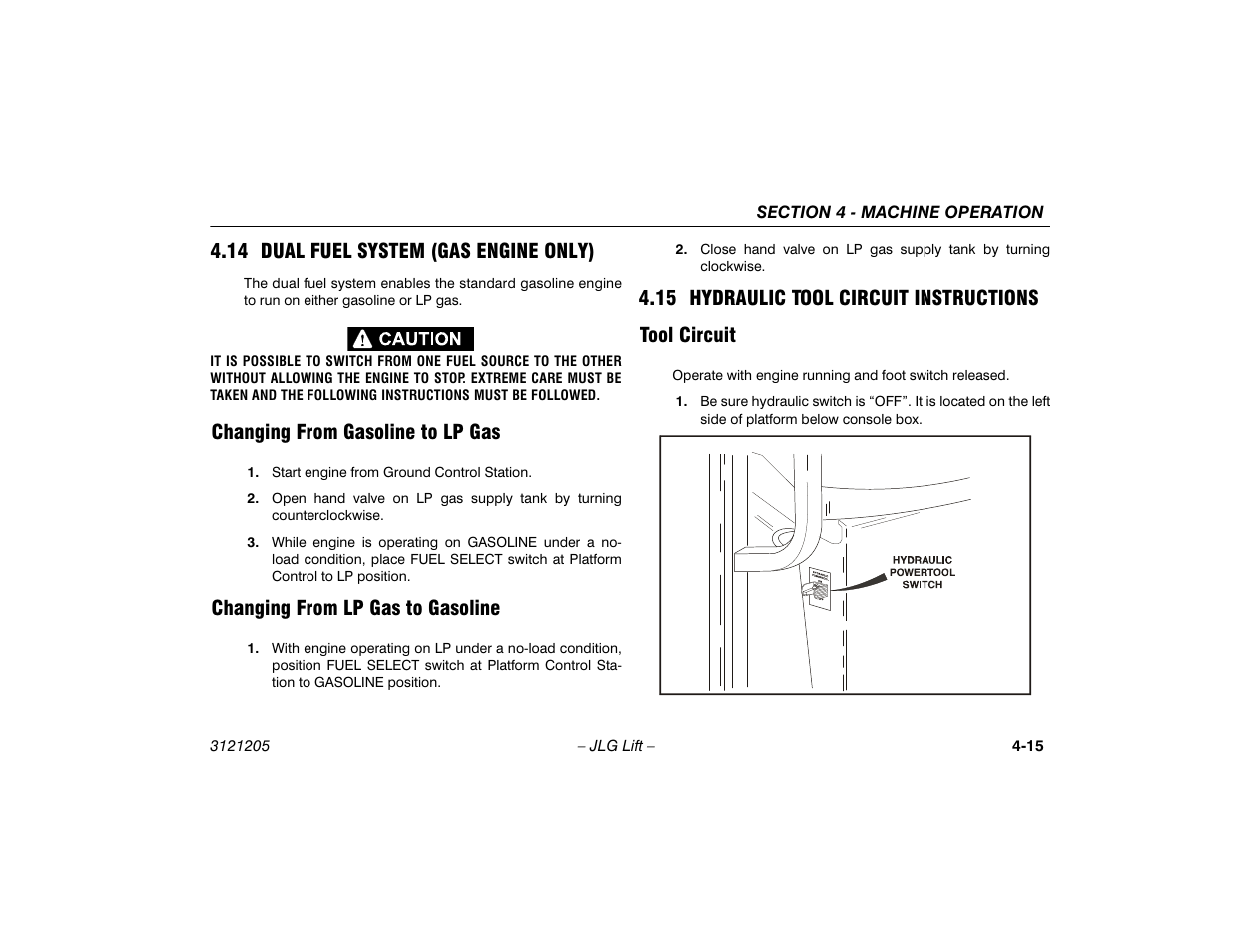 14 dual fuel system (gas engine only), Changing from gasoline to lp gas, Changing from lp gas to gasoline | 15 hydraulic tool circuit instructions, Tool circuit, 14 dual fuel system (gas engine only) -15, 15 hydraulic tool circuit instructions -15, Tool circuit -15 | JLG 660SJ Operator Manual User Manual | Page 73 / 150
