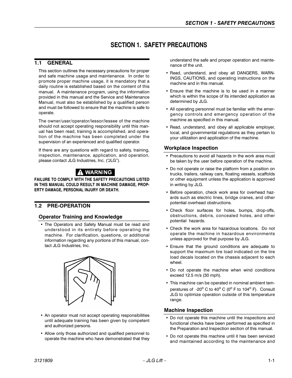 Section 1. safety precautions, 1 general, 2 pre-operation | Section 1 - safety precautions, General -1, Pre-operation -1 | JLG 120-SXJ Operator Manual User Manual | Page 11 / 80
