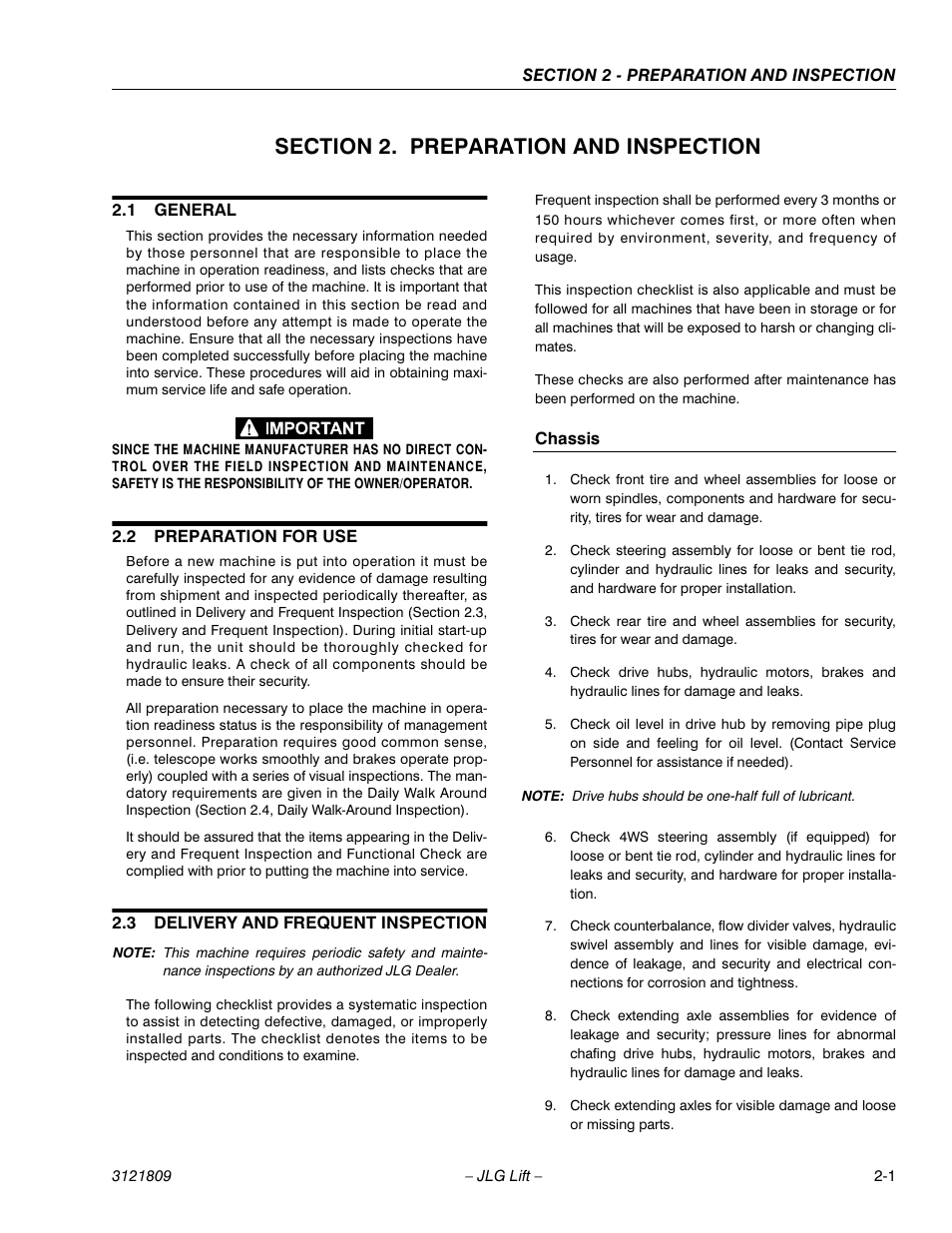 Section 2. preparation and inspection, 1 general, 2 preparation for use | 3 delivery and frequent inspection, Section 2 - preparation and inspection, General -1, Preparation for use -1, Delivery and frequent inspection -1, Chassis -1 | JLG 120-SXJ Operator Manual User Manual | Page 17 / 80