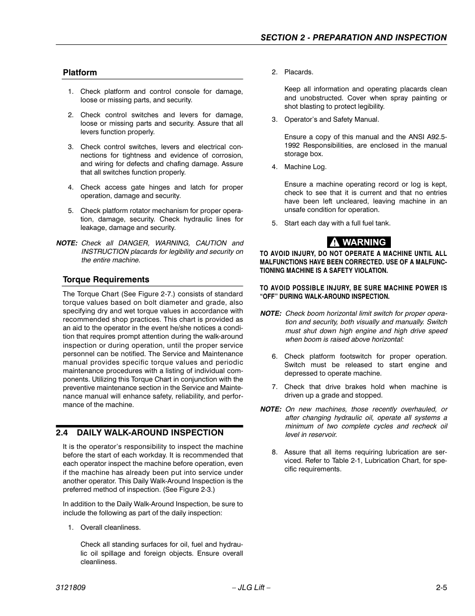 4 daily walk-around inspection, Platform -5 torque requirements -5, Daily walk-around inspection -5 | JLG 120-SXJ Operator Manual User Manual | Page 21 / 80