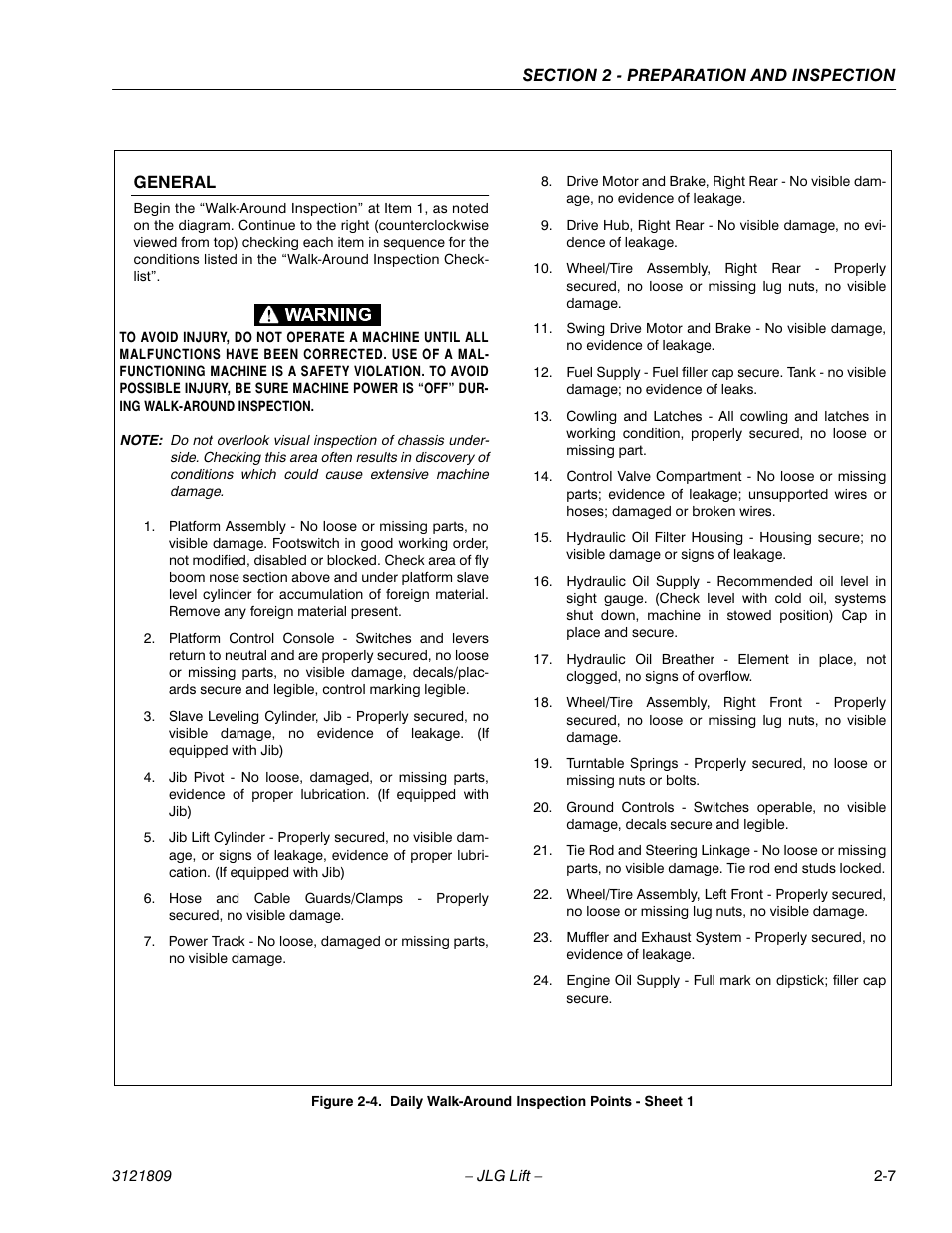 General -7, Daily walk-around inspection points - sheet 1 -7 | JLG 120-SXJ Operator Manual User Manual | Page 23 / 80