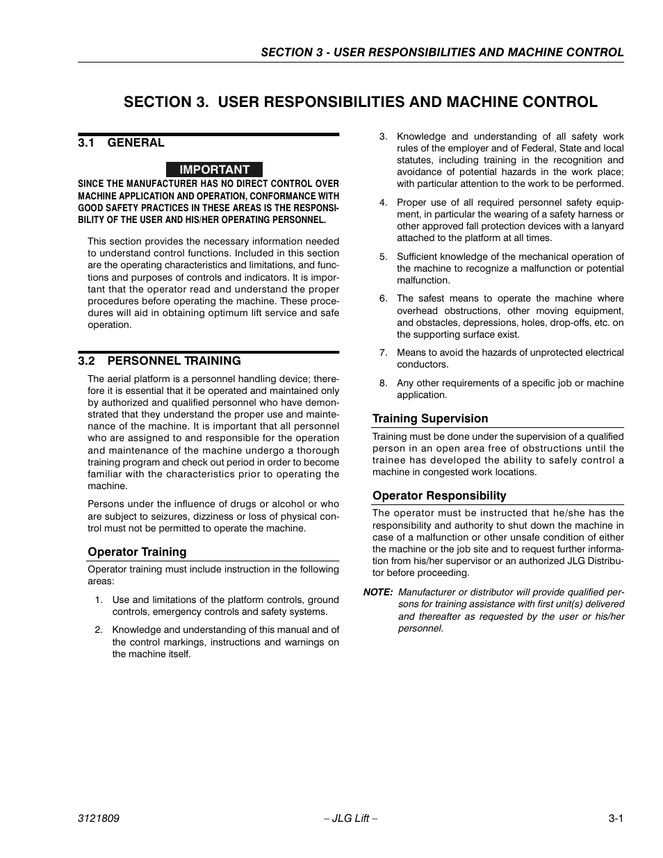 1 general, 2 personnel training, General -1 | Personnel training -1 | JLG 120-SXJ Operator Manual User Manual | Page 31 / 80