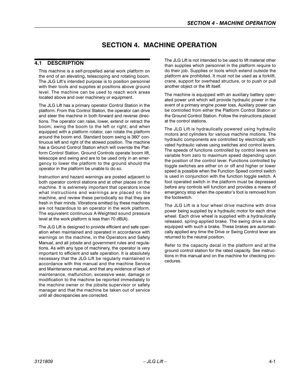 Section 4. machine operation, 1 description, Section 4 - machine operation | Description -1 | JLG 120-SXJ Operator Manual User Manual | Page 51 / 80