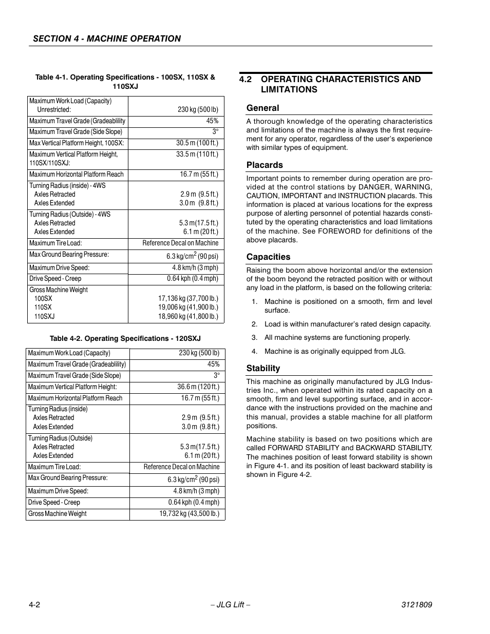 2 operating characteristics and limitations, Operating characteristics and limitations -2, General -2 | Placards -2 capacities -2 stability -2, Use of ground controls -1, Operating specifications - 120sxj -2 | JLG 120-SXJ Operator Manual User Manual | Page 52 / 80