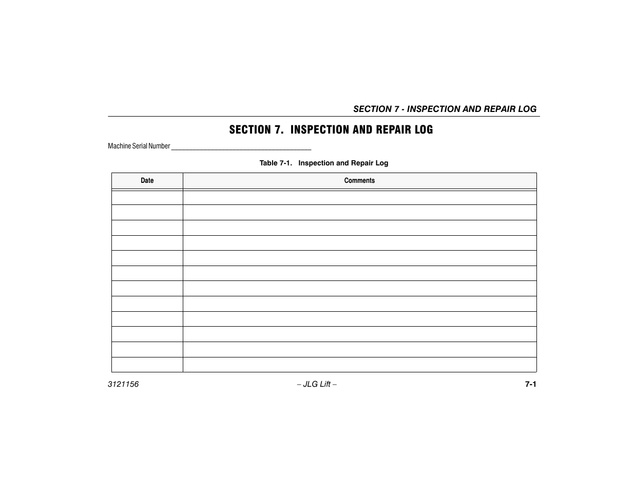 Section 7. inspection and repair log, Section - 7 - inspection and repair log, Inspection and repair log -1 | JLG 600SC_660SJC Operator Manual User Manual | Page 115 / 120