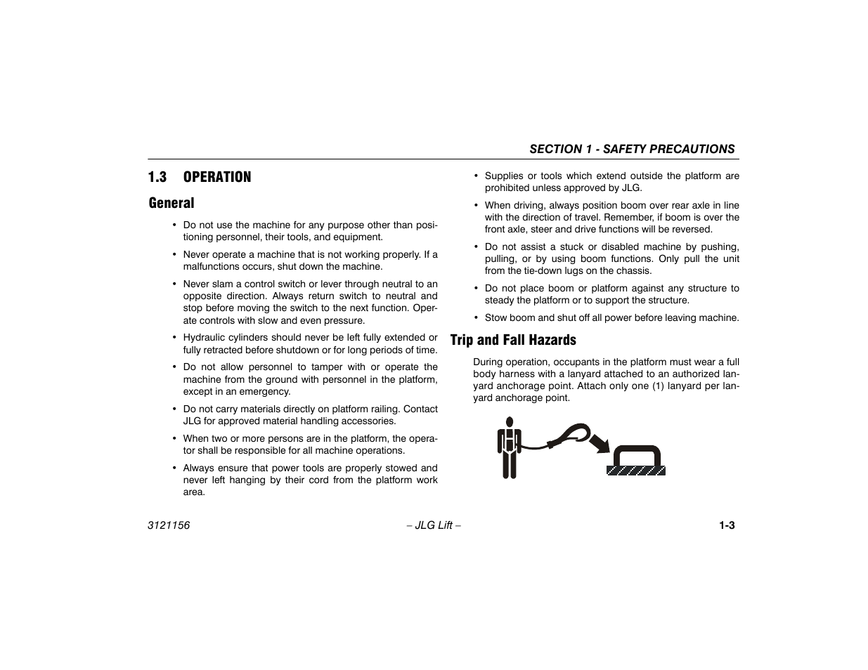 3 operation, General, Trip and fall hazards | 3 operation -3, General -3 trip and fall hazards -3, 3 operation general | JLG 600SC_660SJC Operator Manual User Manual | Page 13 / 120