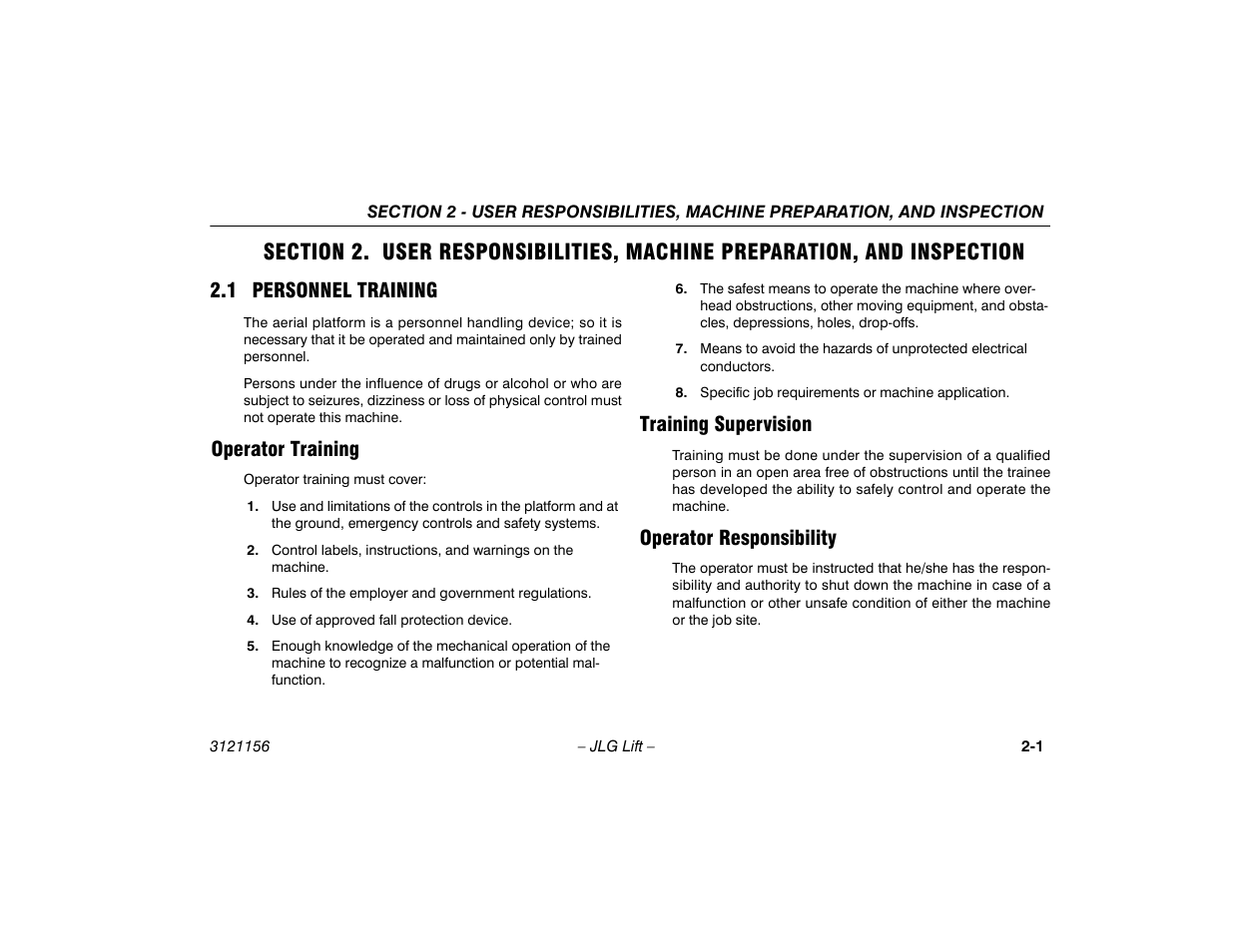 1 personnel training, Operator training, Training supervision | Operator responsibility, 1 personnel training -1 | JLG 600SC_660SJC Operator Manual User Manual | Page 21 / 120