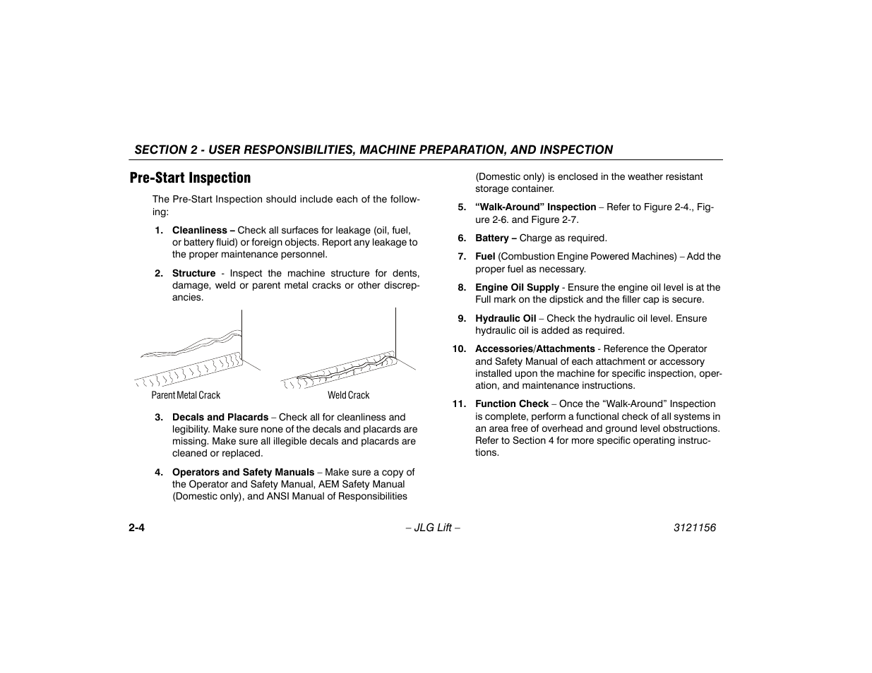 Pre-start inspection, Pre-start inspection -4 | JLG 600SC_660SJC Operator Manual User Manual | Page 24 / 120