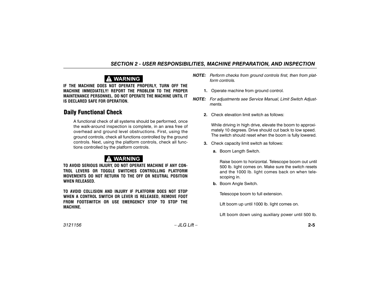 Daily functional check, Daily functional check -5 | JLG 600SC_660SJC Operator Manual User Manual | Page 25 / 120
