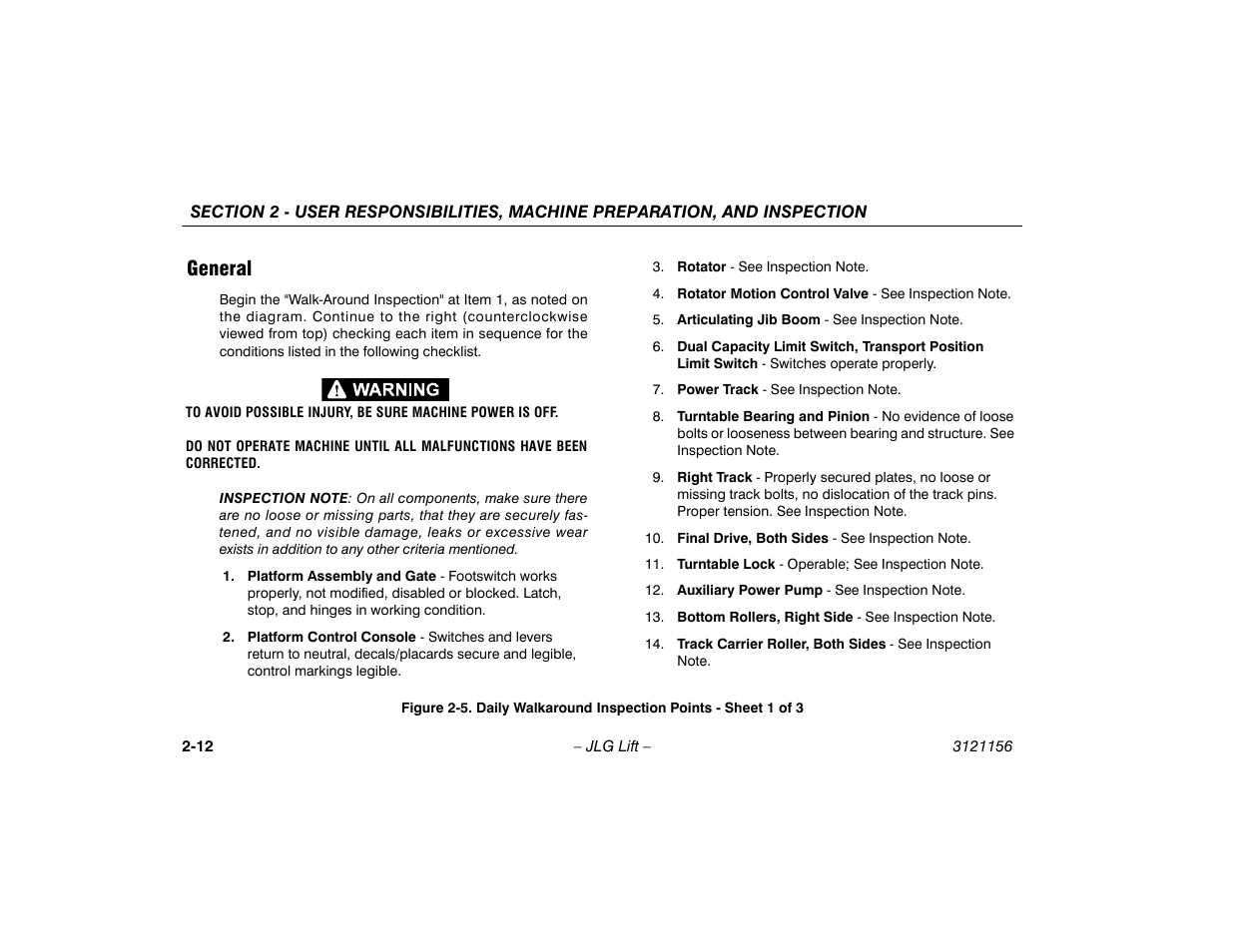 General -12, Daily walkaround inspection points, Sheet 1 of 3 -12 | General | JLG 600SC_660SJC Operator Manual User Manual | Page 32 / 120
