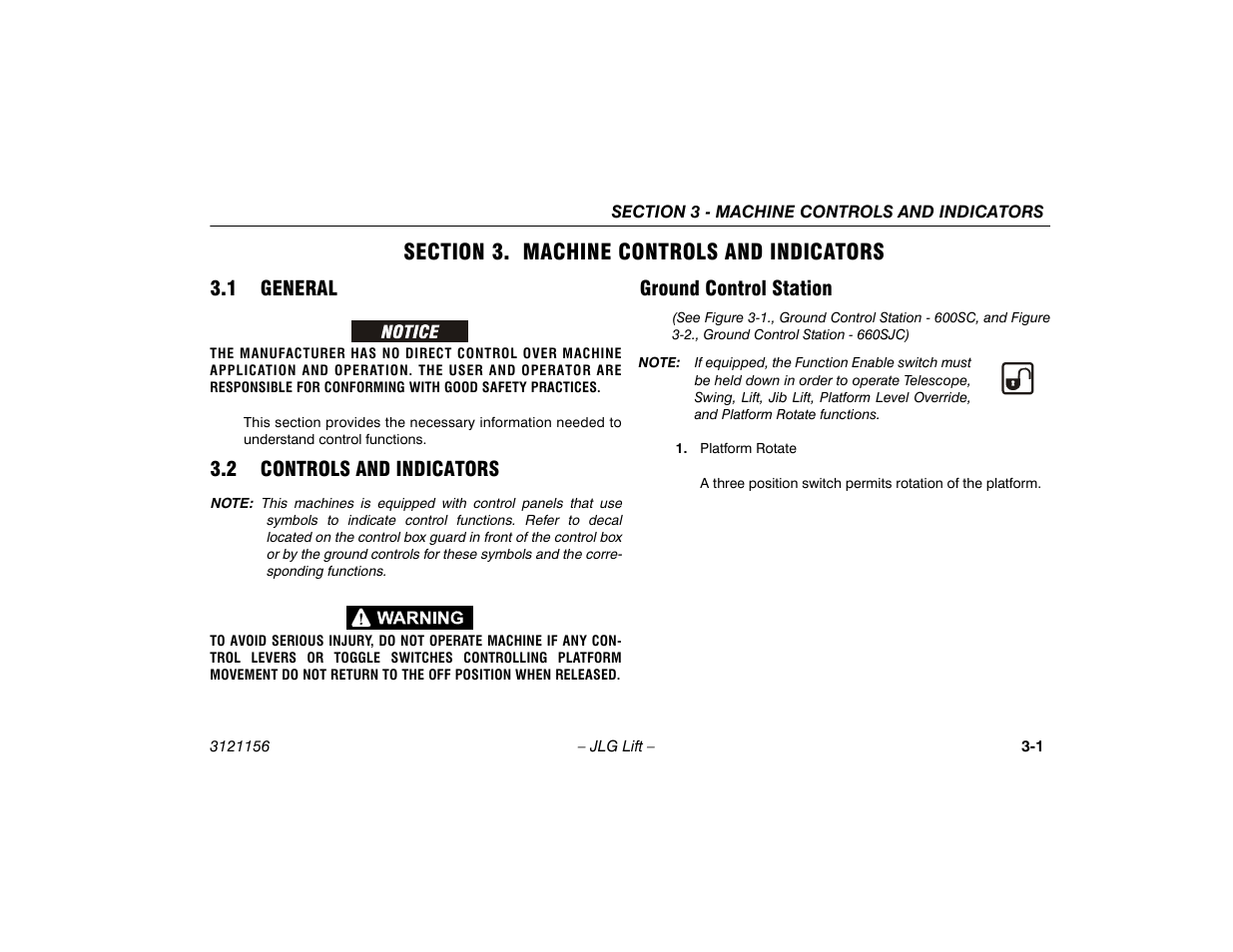 Section 3. machine controls and indicators, 1 general, 2 controls and indicators | Ground control station, Section - 3 - machine controls and indicators, 1 general -1 3.2 controls and indicators -1, Ground control station -1 | JLG 600SC_660SJC Operator Manual User Manual | Page 35 / 120