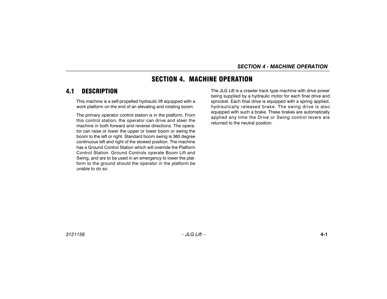Section 4. machine operation, 1 description, Section - 4 - machine operation | 1 description -1 | JLG 600SC_660SJC Operator Manual User Manual | Page 55 / 120