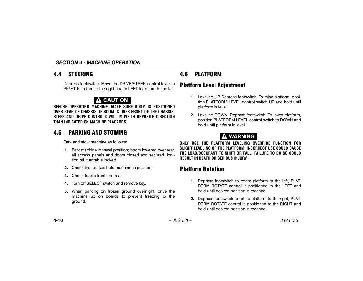 4 steering, 5 parking and stowing, 6 platform | Platform level adjustment, Platform rotation, 6 platform platform level adjustment | JLG 600SC_660SJC Operator Manual User Manual | Page 64 / 120