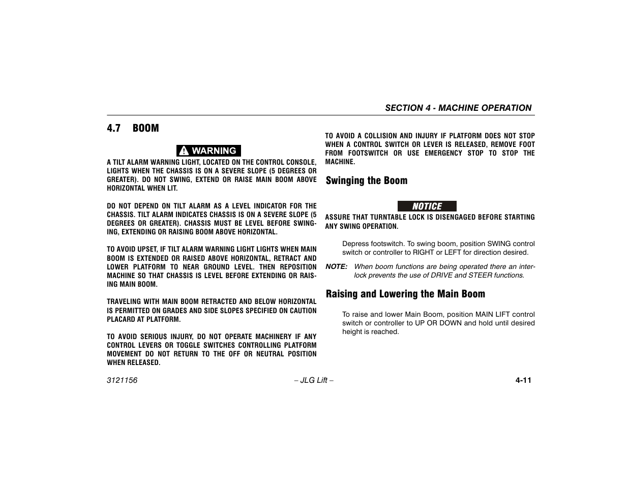 7 boom, Swinging the boom, Raising and lowering the main boom | 7 boom -11, Swinging the boom -11, Raising and lowering the main boom -11 | JLG 600SC_660SJC Operator Manual User Manual | Page 65 / 120