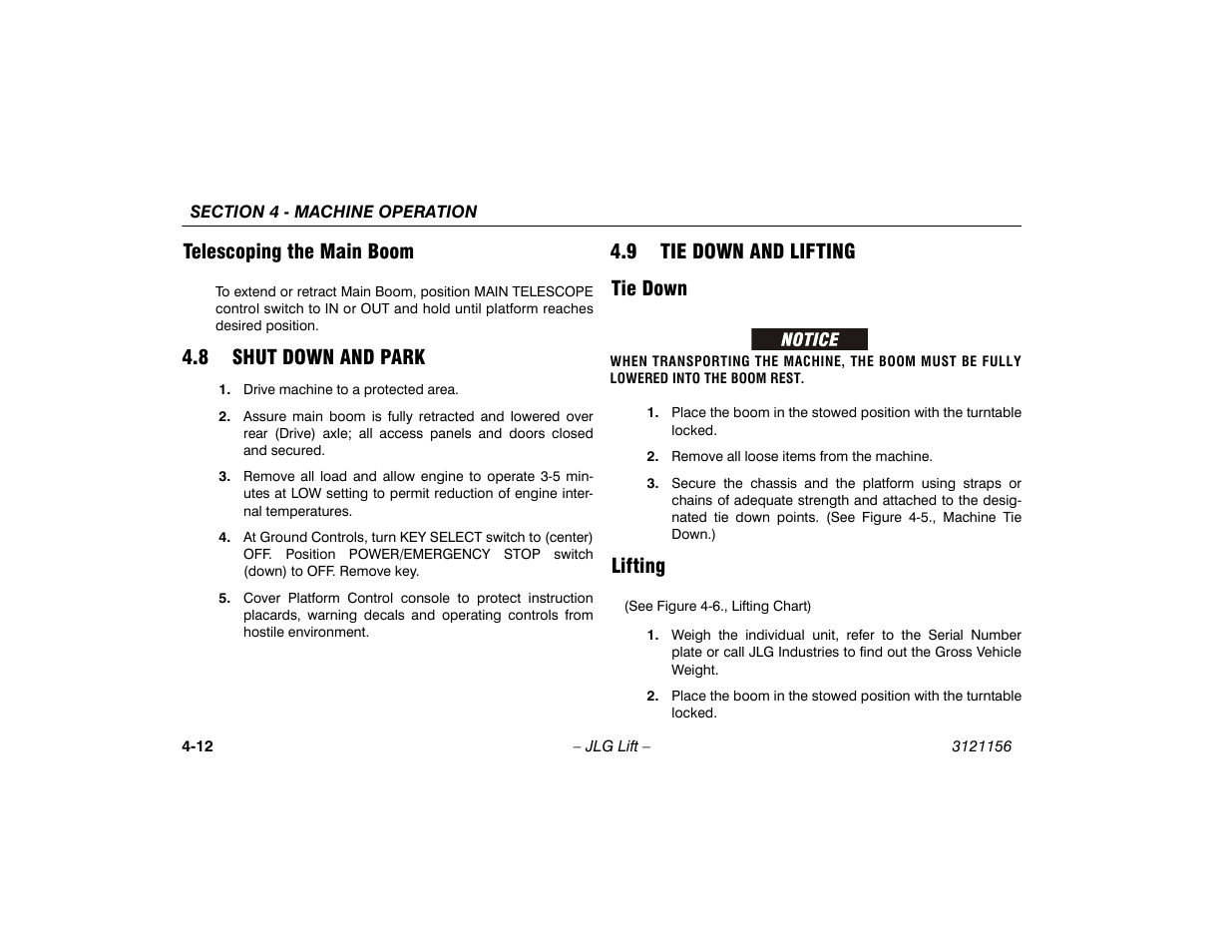 Telescoping the main boom, 8 shut down and park, 9 tie down and lifting | Tie down, Lifting, Telescoping the main boom -12, Tie down -12 lifting -12, 9 tie down and lifting tie down | JLG 600SC_660SJC Operator Manual User Manual | Page 66 / 120