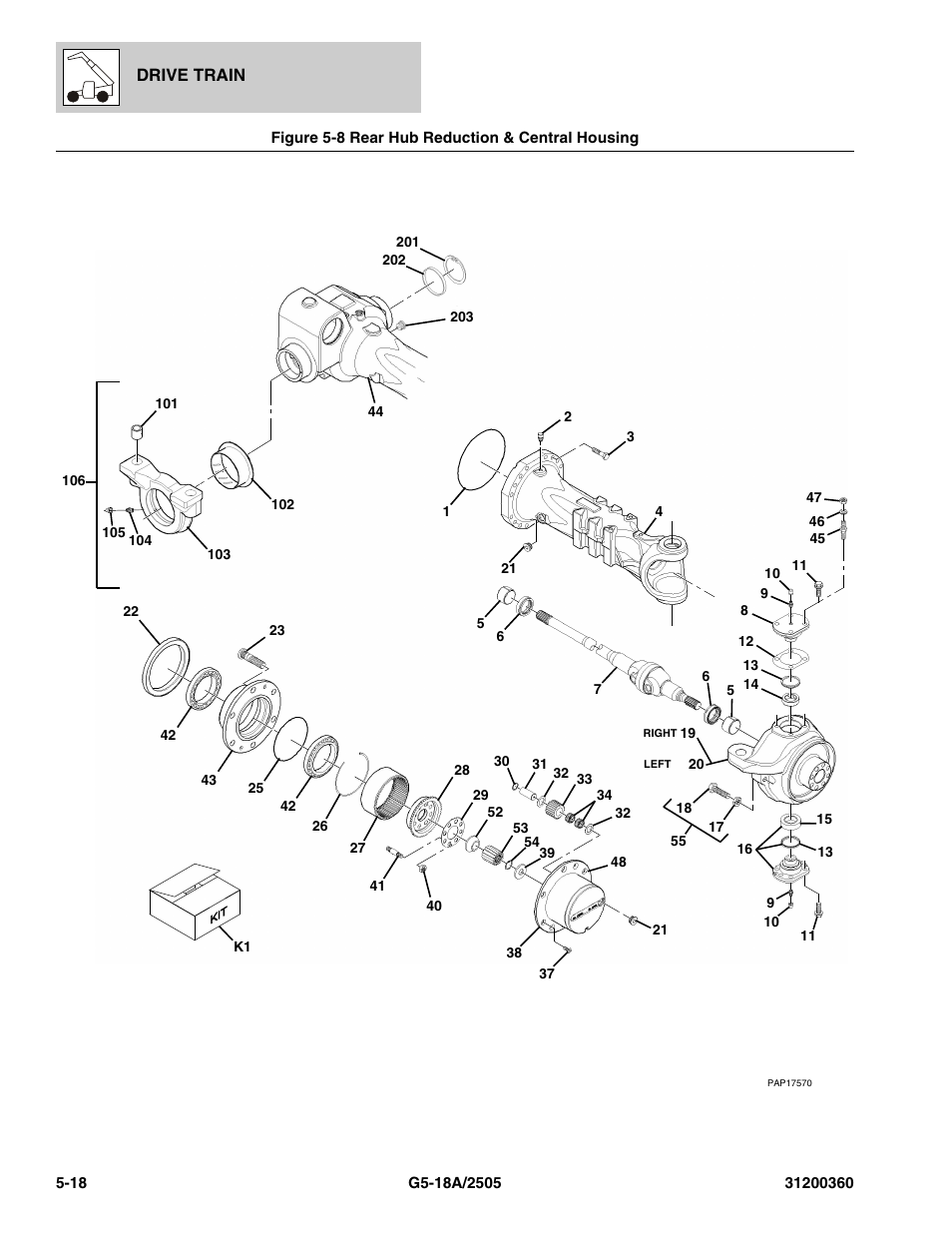 Figure 5-8 rear hub reduction & central housing, Rear hub reduction & central housing -18, Housing, (see figure 5-8 for details) | JLG 2505 Parts Manual User Manual | Page 106 / 332