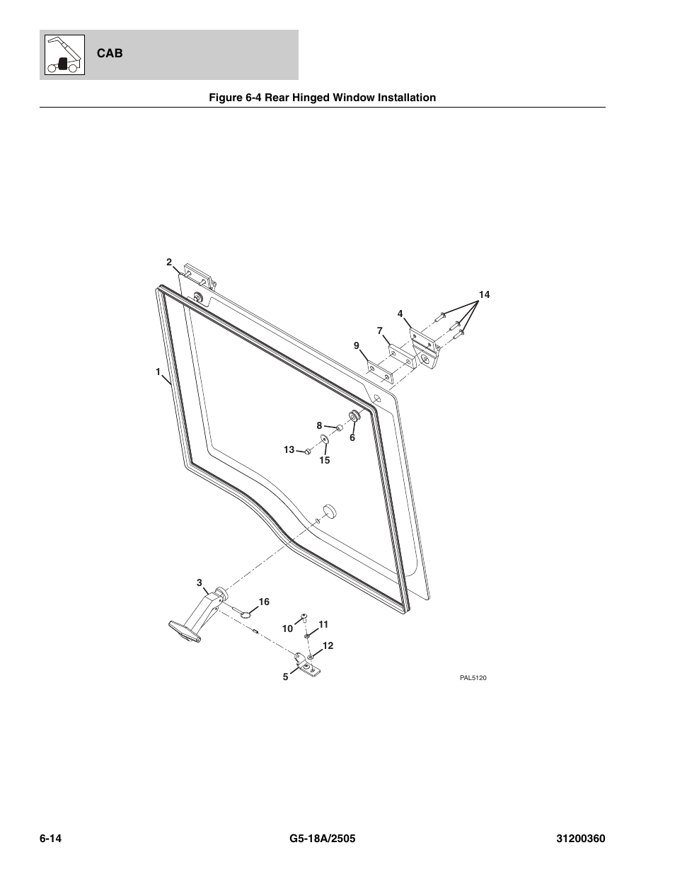 Figure 6-4 rear hinged window installation, Rear hinged window installation -14 | JLG 2505 Parts Manual User Manual | Page 132 / 332