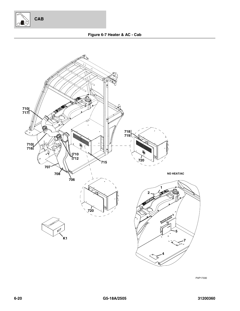 Figure 6-7 heater & ac - cab, Heater & ac - cab -20, Er options, (see figure 6-7 for details) | Ct, (see figure 6-7 for details), Uct, (see figure 6-7 for details), X3/4, (see figure 6-7 for details), N), (see figure 6-7 for details) | JLG 2505 Parts Manual User Manual | Page 138 / 332