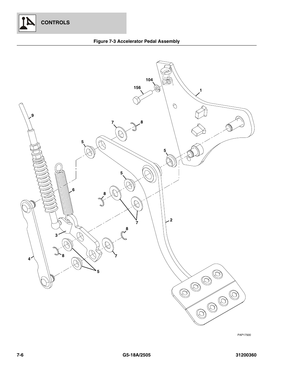 Figure 7-3 accelerator pedal assembly, Accelerator pedal assembly -6, S, (see figure 7-3 for details) | JLG 2505 Parts Manual User Manual | Page 154 / 332