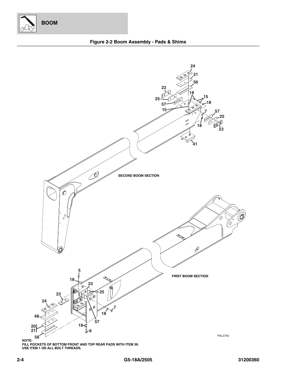 Figure 2-2 boom assembly - pads & shims, Boom assembly - pads & shims -4 | JLG 2505 Parts Manual User Manual | Page 38 / 332