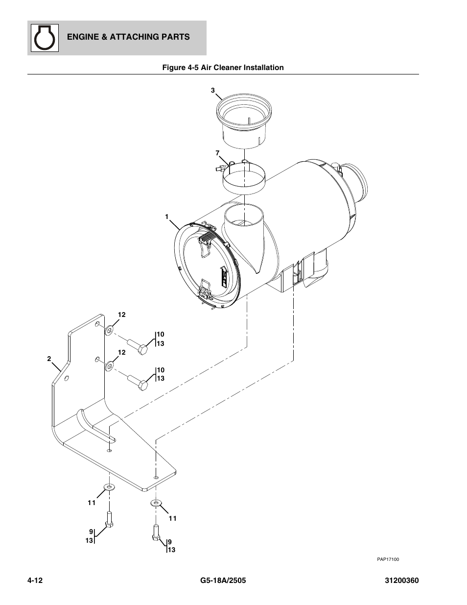 Figure 4-5 air cleaner installation, Air cleaner installation -12, Tion, (see figure 4-5 for details) | JLG 2505 Parts Manual User Manual | Page 84 / 332