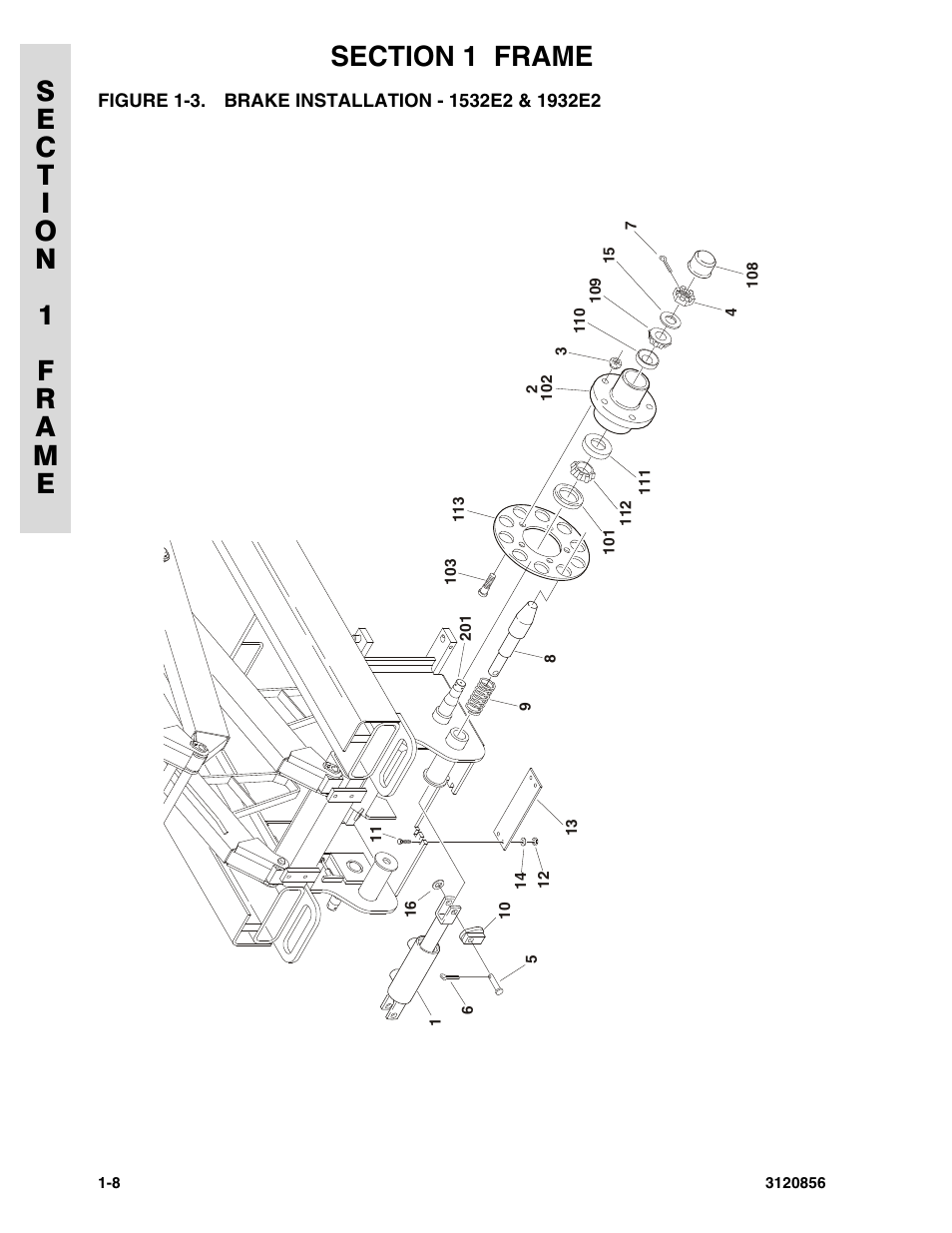 Figure 1-3. brake installation - 1532e2 & 1932e2 | JLG 3246E2 Parts Manual User Manual | Page 14 / 222